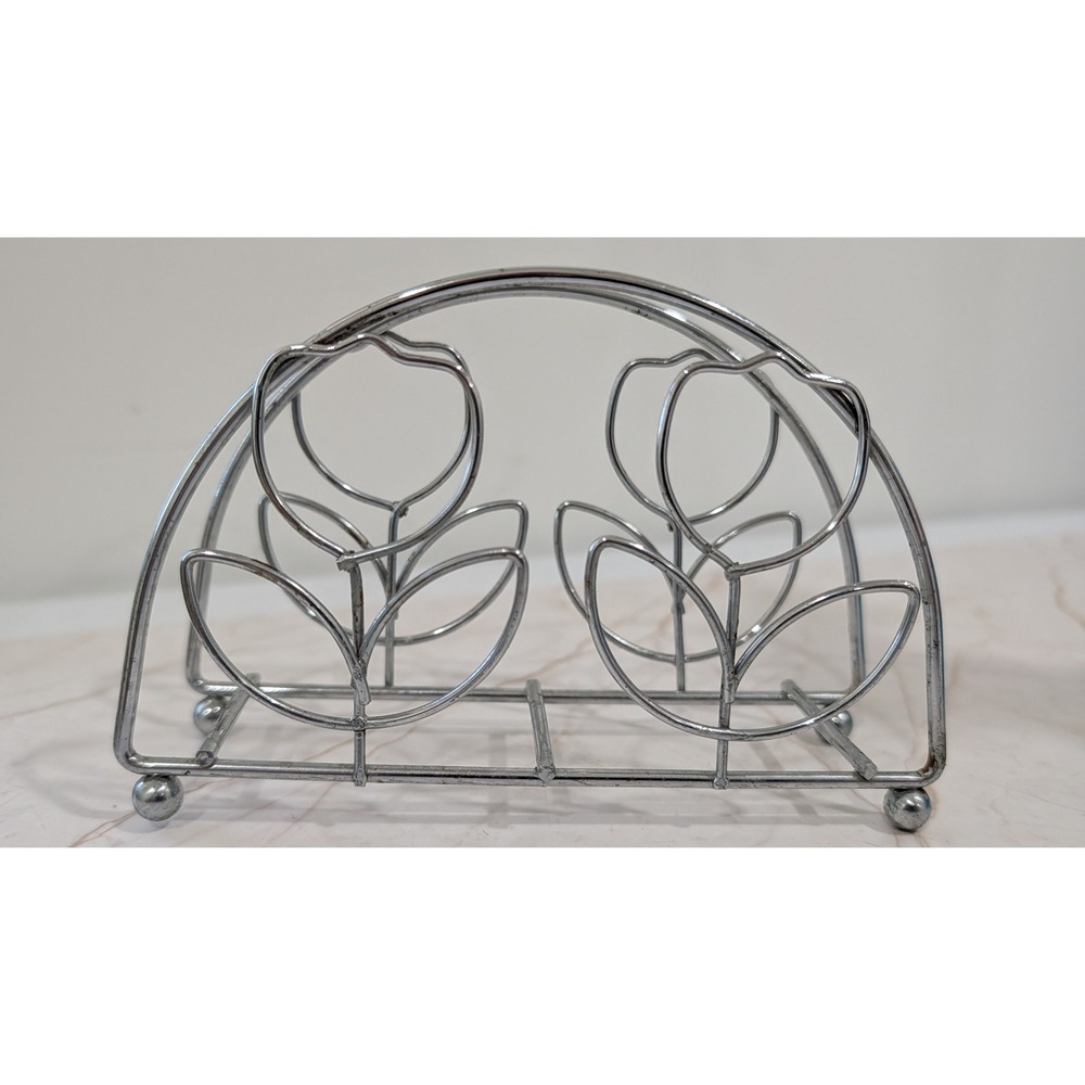 Vintage Chrome Tulip Napkin Holder Silver Wire Floral Mid Century Modern Decor - Picture 3 of 4